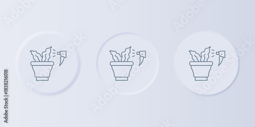 Grey Spraying a house plant with a spray gun icon isolated on grey background. Moistening of foliage. Care for home flowers. Set icons in square buttons. Vector