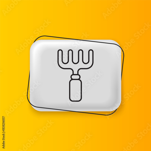 Black Garden rake icon isolated on yellow background. Tool for horticulture, agriculture, farming. Ground cultivator. Housekeeping equipment. Silver rectangle button. Vector