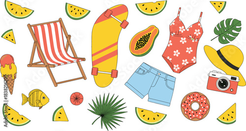 Summer Beach Vacation Vector Set Featuring Swimwear, Skateboard, Deck Chair, Fruits, Camera, and Tropical Holiday Icons