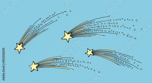 A set of four hand-drawn shooting stars with long sparkling tails on a blue background in a charming doodle sketch style.