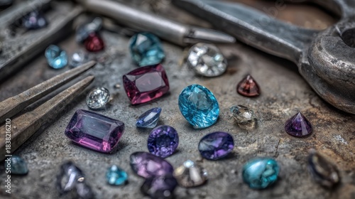 Wallpaper Mural Colorful assortment of polished gemstones including sapphires, rubies, and amethysts on a textured metal surface with jewelry tools nearby Torontodigital.ca