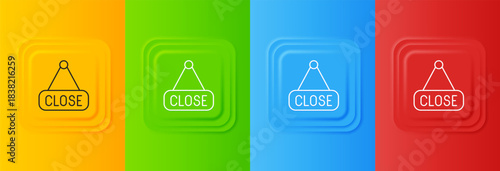 White Hanging sign with text Closed icon isolated on colorful background. Business theme for cafe or restaurant. Set icons in square buttons. Vector