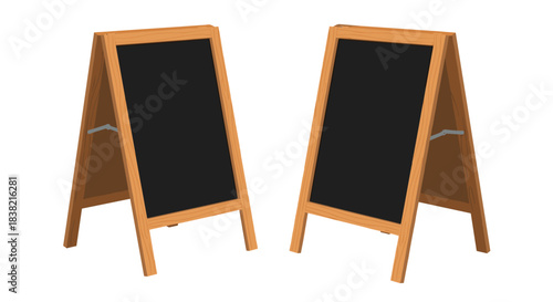 Two empty wooden A-frame sandwich board signs with black chalkboards for displaying messages for a cafe or restaurant.