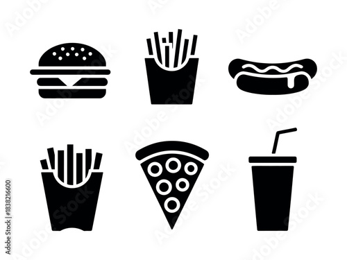 Illustration of burger fries hotdog pizza and drink icons in black and white style