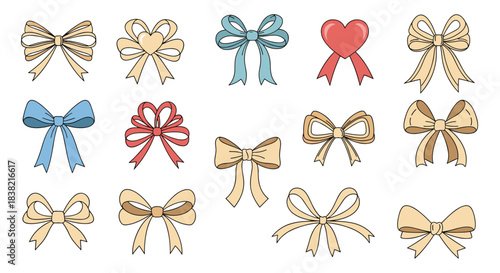 A diverse collection of beautifully hand-drawn ribbon bows in pastel beige blue and red with a stitched outline for gift wrapping and decoration.