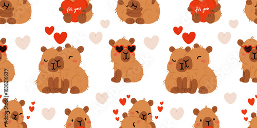 Cute Valentine Capybara Clipart Seamless pattern. Loving Capybaras with Hearts, Gifts, and Romantic Elements, Adorable Flat Cartoon Vector Illustration, romantic kawaii animals