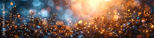 Panoramic view of a magical bokeh background with glittering lights and soft focus plants, evoking a festive and dreamy atmosphere