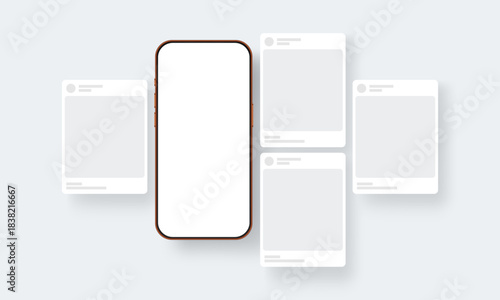 Cellphone with blank social media post templates for showing mobile content and design