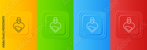 White Bottle with love potion icon isolated on colorful background. Valentines day symbol. Set icons in square buttons. Vector