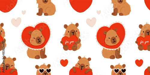 Cute Valentine Capybara Clipart Seamless pattern. Loving Capybaras with Hearts, Gifts, and Romantic Elements, Adorable Flat Cartoon Vector Illustration, romantic kawaii animals