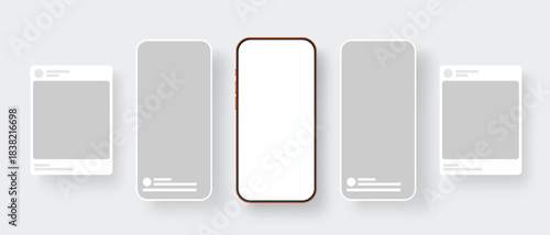 Smartphone with blank social media post and reels templates for showing mobile content design