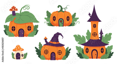 A whimsical collection of fantasy fairy houses made from orange pumpkins and mushrooms for a magical Halloween or autumn-themed celebration.