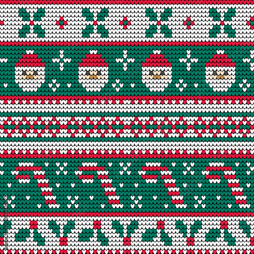 Santa Claus knitted seamless pattern Christmas sweater background