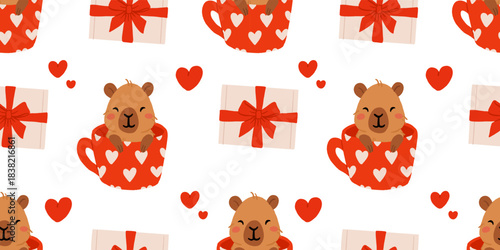 Cute Valentine Capybara Clipart Seamless pattern. Loving Capybaras with Hearts, Gifts, and Romantic Elements, Adorable Flat Cartoon Vector Illustration, romantic kawaii animals