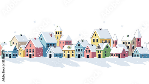 Charming illustrated row of colorful houses with snow-covered roofs, depicting a quaint village scene during winter
