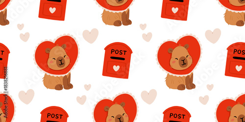 Cute Valentine Capybara Clipart Seamless pattern. Loving Capybaras with Hearts, Gifts, and Romantic Elements, Adorable Flat Cartoon Vector Illustration, romantic kawaii animals
