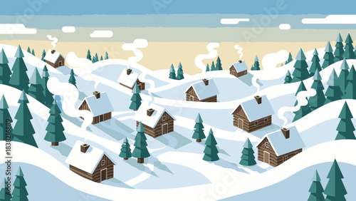 A charming winter village nestled in snowy hills with smoke rising from chimneys.