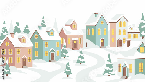Seamless vector illustration of a cozy winter village with colorful snow-covered houses, winding paths, and illuminated windows, perfect for festive holiday design