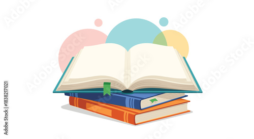 An open book resting on a stack of two other books with colorful abstract circles in the background symbolizing knowledge and learning.