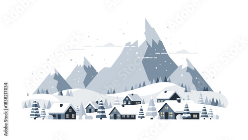 A charming winter village nestled at the foot of majestic snow-capped mountains, with snowflakes gently falling.