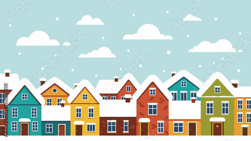 A charming illustration of a colorful neighborhood with houses covered in snow under a winter sky.