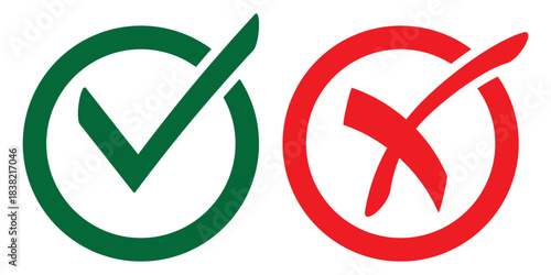Check mark icon button set. Check box icon with right and wrong buttons and yes or no checkmark icons in green tick box and red cross. Isolated checkmark symbol, right and wrong sign concept. Icon.