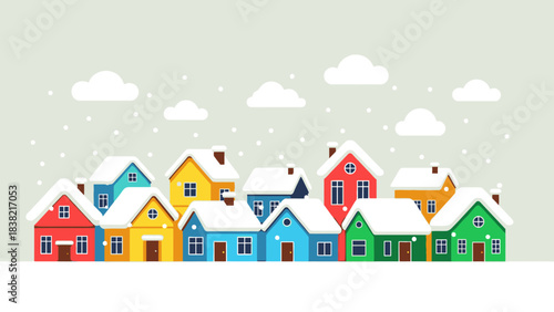 Cozy Colorful Houses with Snow Falling in a Winter Village Scene