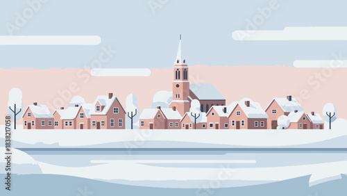 Flat design illustration of a tranquil winter village with snow-covered houses, a church, and frosted trees by a frozen river under a soft sky, ideal for seasonal concepts