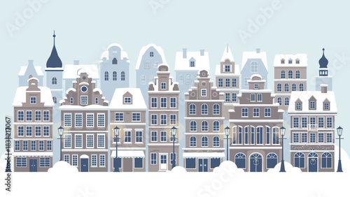 Charming European Cityscape Illustration with Traditional Buildings Covered in Gentle Snowfall
