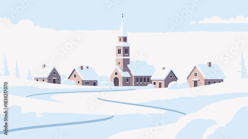 A charming winter village scene with snow-covered houses and a prominent church steeple.