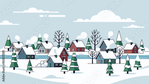 A charming winter village scene with snow-covered houses, evergreen trees, and a frozen river under a cloudy sky, depicted in a flat vector illustration style.