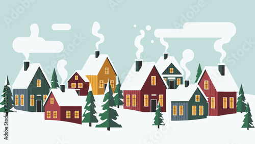 Flat vector illustration of a cozy winter village scene, featuring snow-covered houses, smoke from chimneys, and evergreen trees, creating a peaceful and festive holiday atmosphere