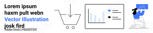Online shopping, coding education, data visualization, tech industry, software development, analytics. A shopping cart, a graph and a coder portray these . E-commerce and coding education concept