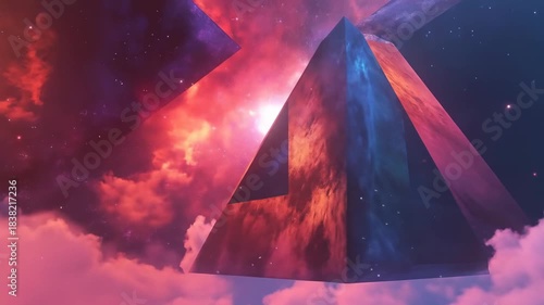 Abstract geometric triangle amidst colorful nebula and clouds backdrop