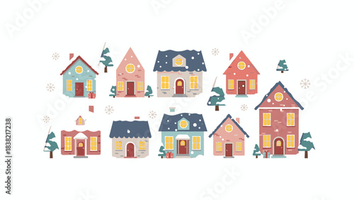 Charming Winter Village Scene with Cozy Houses and Snowfall