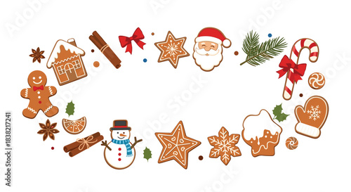 A festive oval frame made from a variety of Christmas gingerbread cookies spices and holiday elements for a seasonal greeting card design.