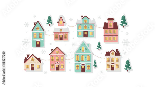 Charming collection of diverse, colorful houses with snow-capped roofs and festive trees, evoking a cozy winter village scene.