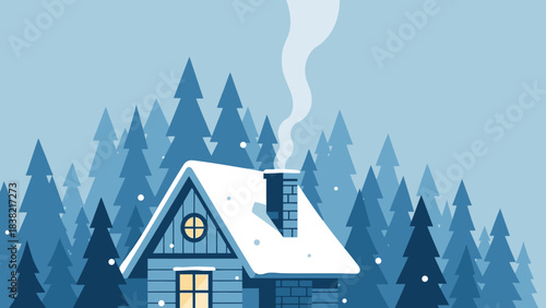 A cozy, snow-covered cabin with smoke from the chimney, surrounded by blue pine trees in a winter forest with falling snowflakes.