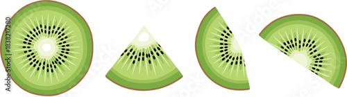 Kiwi Fruit Slice Vector Set Featuring Whole and Cut Pieces with Fresh Green Pulp and Seeds Illustration