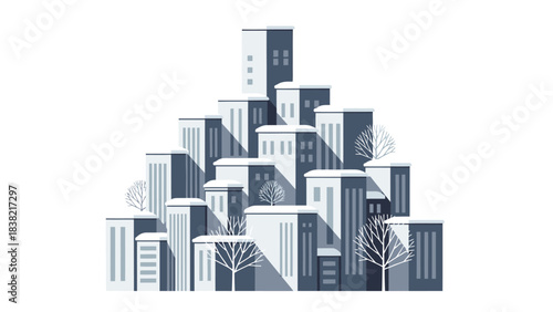 Flat Design Cityscape Illustration Showcasing a Modern Urban Architectural Cluster of Geometric Buildings and Stylized Winter Trees, Reflecting Contemporary City Living and Development
