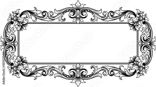Ornate Black and White Floral Scrollwork Frame with Blank Rectangular Center Keywords: ornate frame, scrollwork, floral