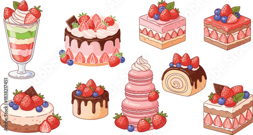 Strawberry Dessert Vector Set Featuring Cakes, Pastries, Cheesecake, Roll Cake, Parfait, and Sweet Bakery Treats