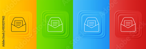 White Mail and e-mail icon isolated on colorful background. Envelope symbol e-mail. Email message sign. Set icons in square buttons. Vector