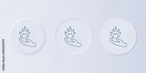 Grey Hand holding a fire icon isolated on grey background. Set icons in square buttons. Vector