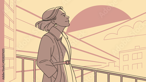 Woman on balcony looking up at sunset cityscape, warm minimal line illustration of urban lifestyle