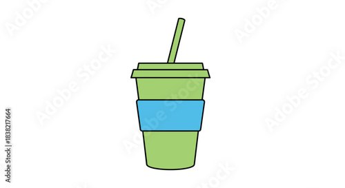 A simple colored icon of a green disposable takeaway cup with a lid a straw and a blue sleeve for coffee tea or soda on the go.