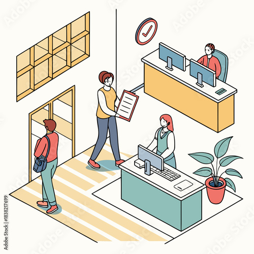 Reception area with receptionist assisting visitors in office lobby
