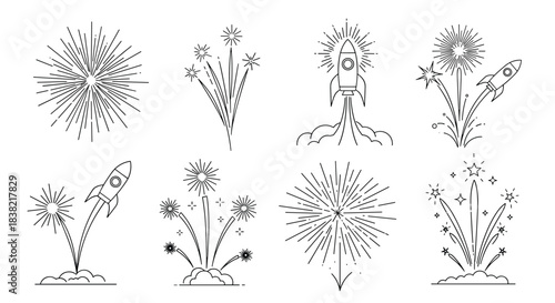 A set of eight line art illustrations of launching rockets and exploding fireworks for celebrating holidays like New Year's Eve or the 4th of July.