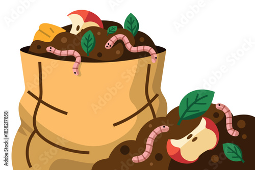 A bag of compost with earthworms and apple slices is shown.