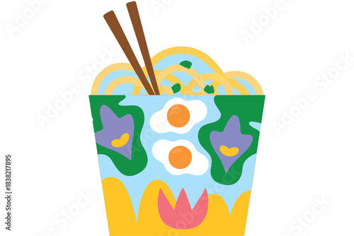 A colorful illustration of a bowl of noodles with eggs and chopsticks on a white background.